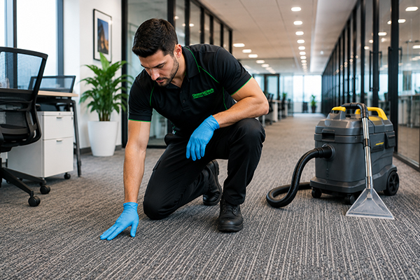 Carpet cleaning technician inspecting office carpet stain removal results