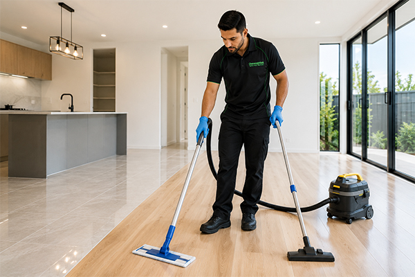 Professional cleaner vacuuming and mopping floors during vacate cleaning in Melbourne