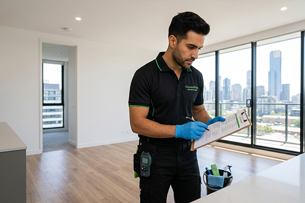 Cleaner completing a final inspection checklist after end of lease cleaning