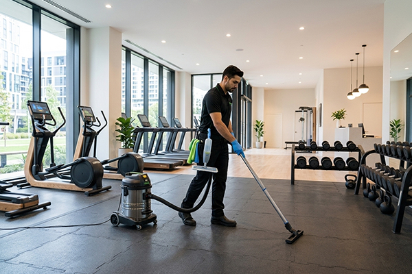 Commercial cleaner mopping rubber gym flooring in a modern fitness centre