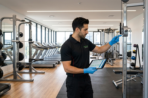 Cleaner completing a gym cleaning quality inspection checklist