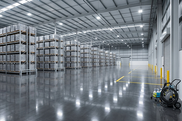 Spotless clean warehouse with polished concrete floors and organised pallet racking